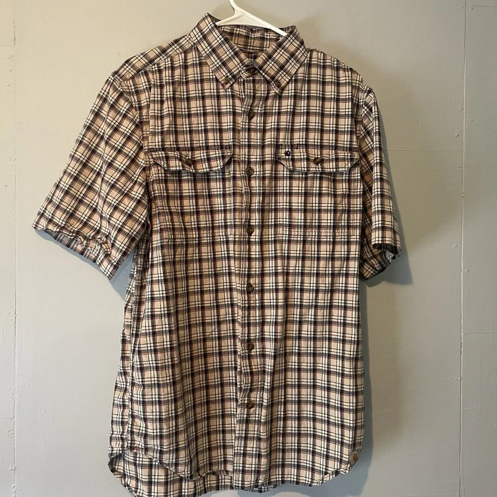 Carhartt Short Sleeve Button Down Shirt Mens Size M Red Blue Brown‎ Plaid Pocket